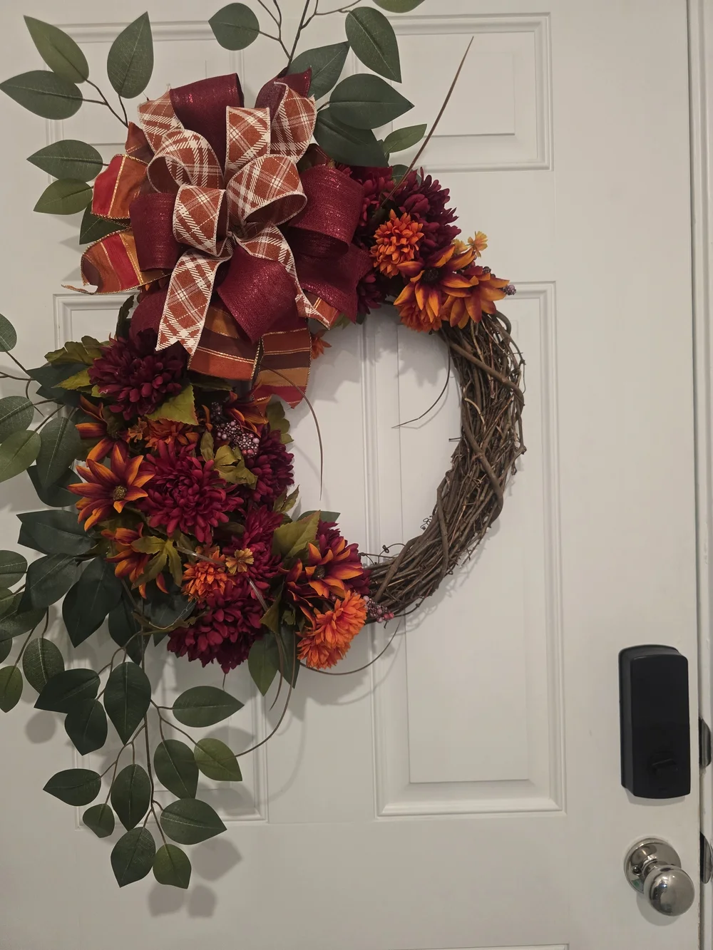 Autumn Grapevine Wreath with Burgundy & Orange Bow Fall Handmade